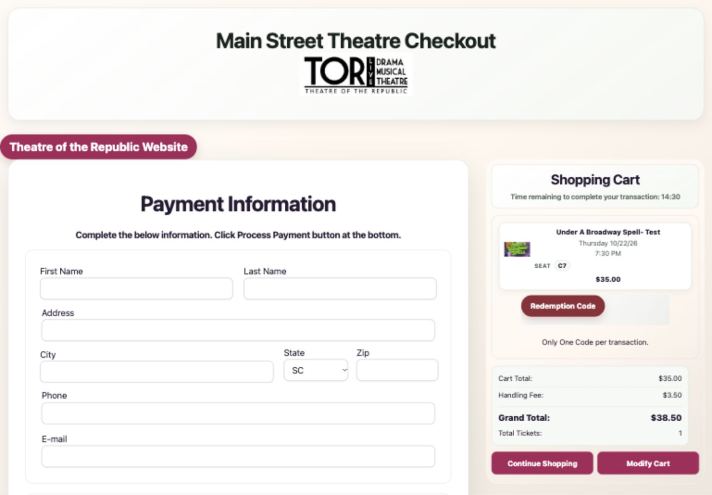 The checkout page with purchaser fields and a shopping-cart summary.