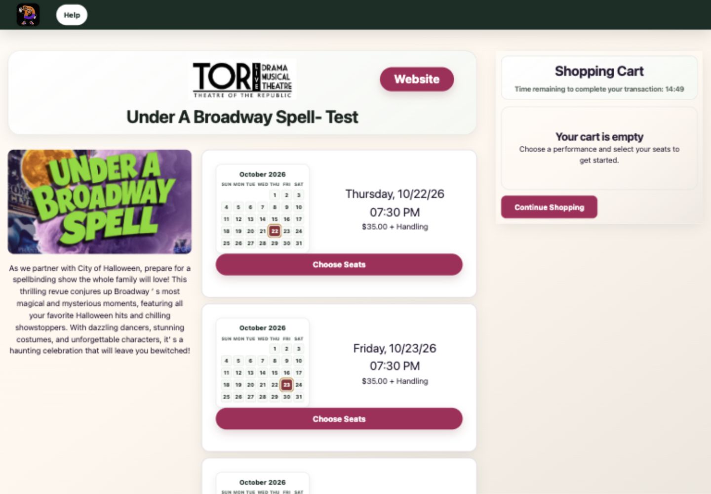 A performance selection page with calendars, dates, times, prices, and Choose Seats buttons.