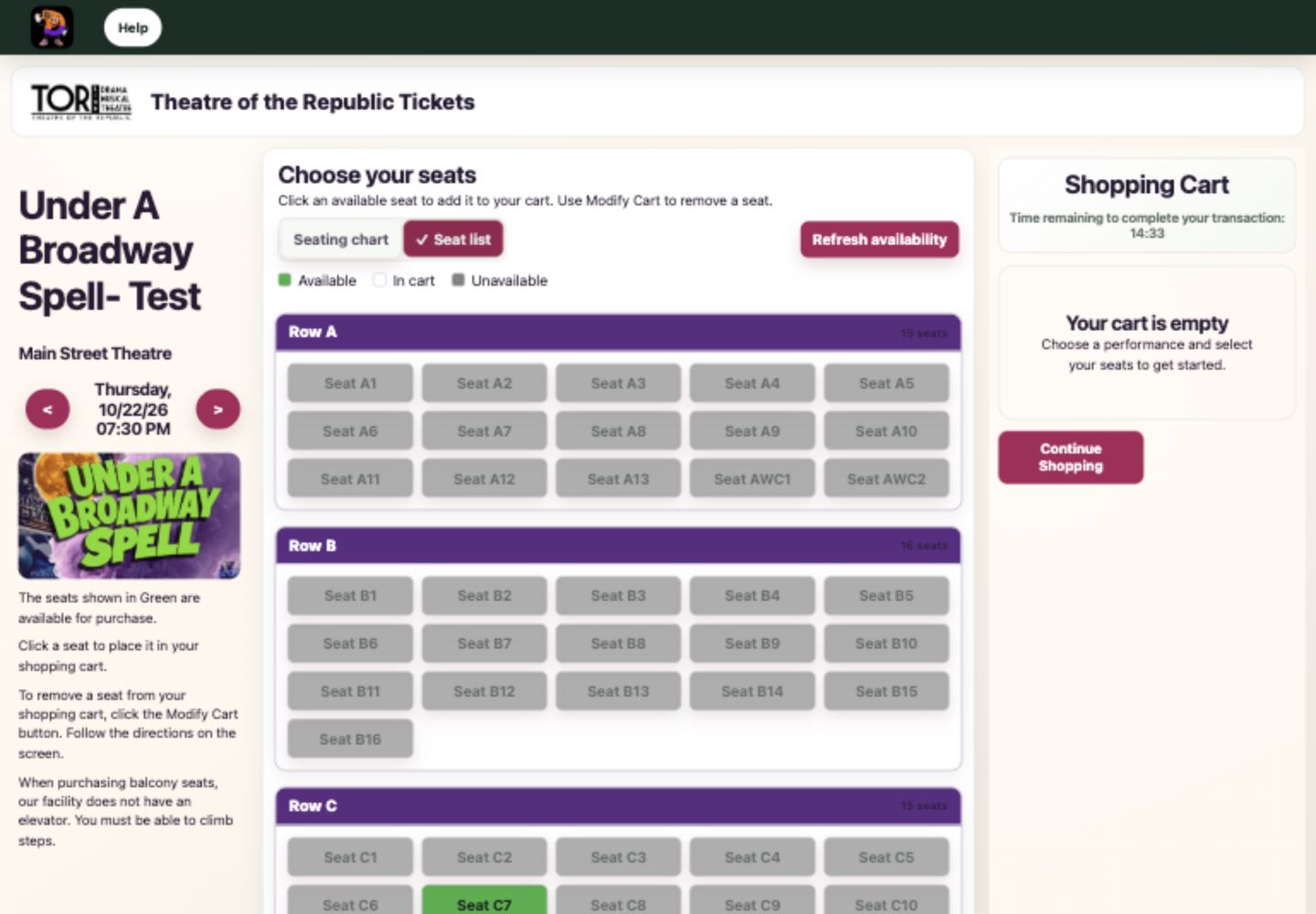 The Seat list with seats separated into clearly labeled rows.