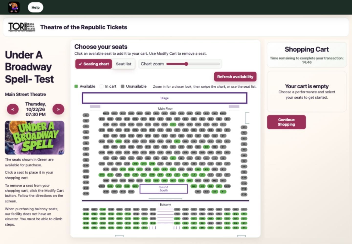The full seating chart with seat-status legend, zoom, cart, and available seats.