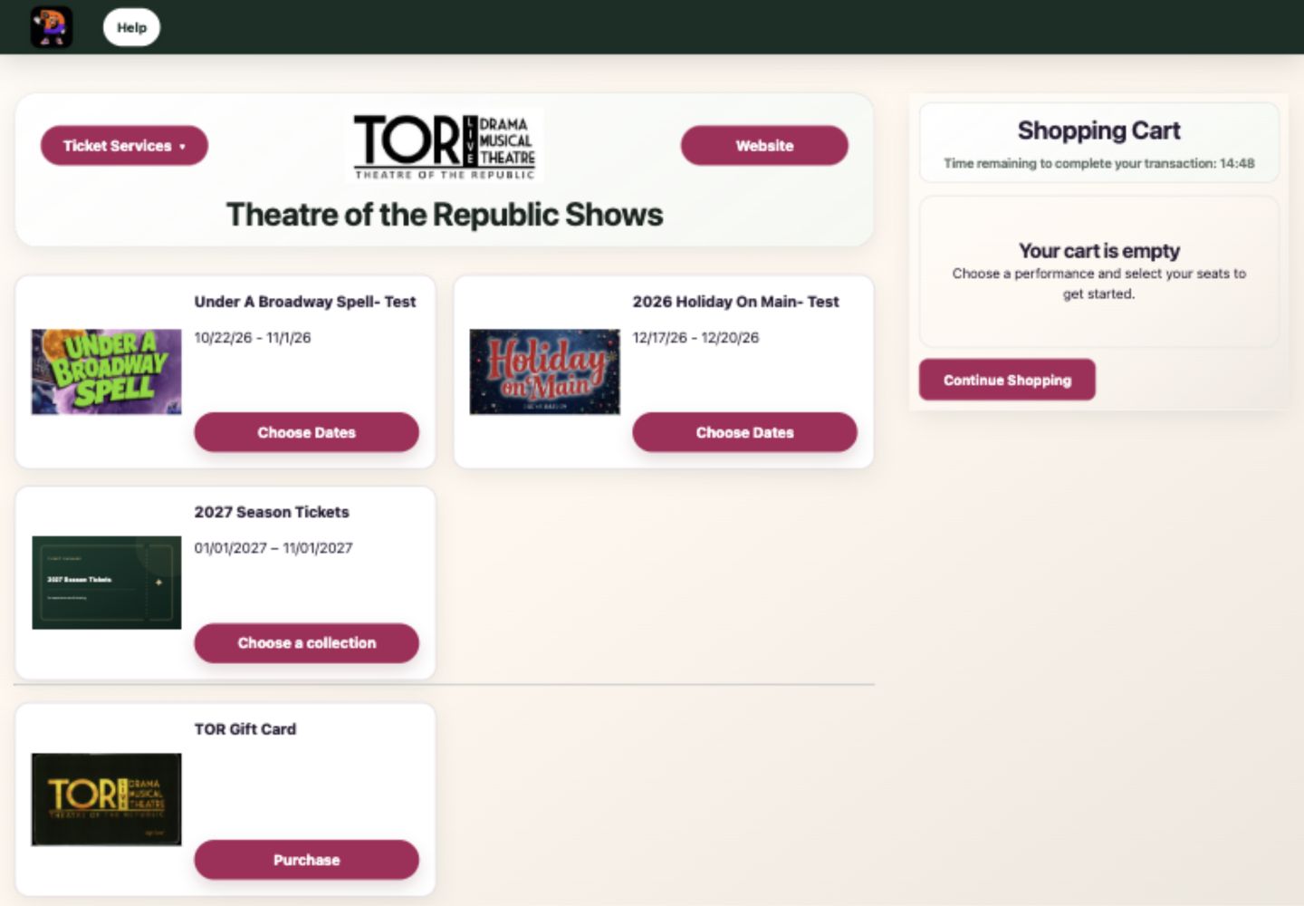 The public Shows page with production, season-ticket, and gift-card choices.